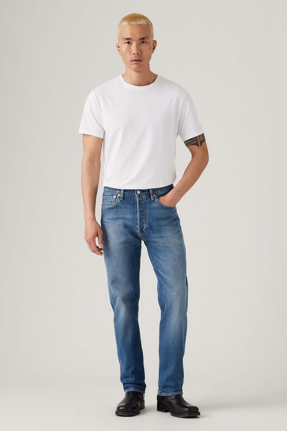 Levi's, Blugi cu nasturi 501® Original Fit, Albastru melange, Albastru, W34-L32