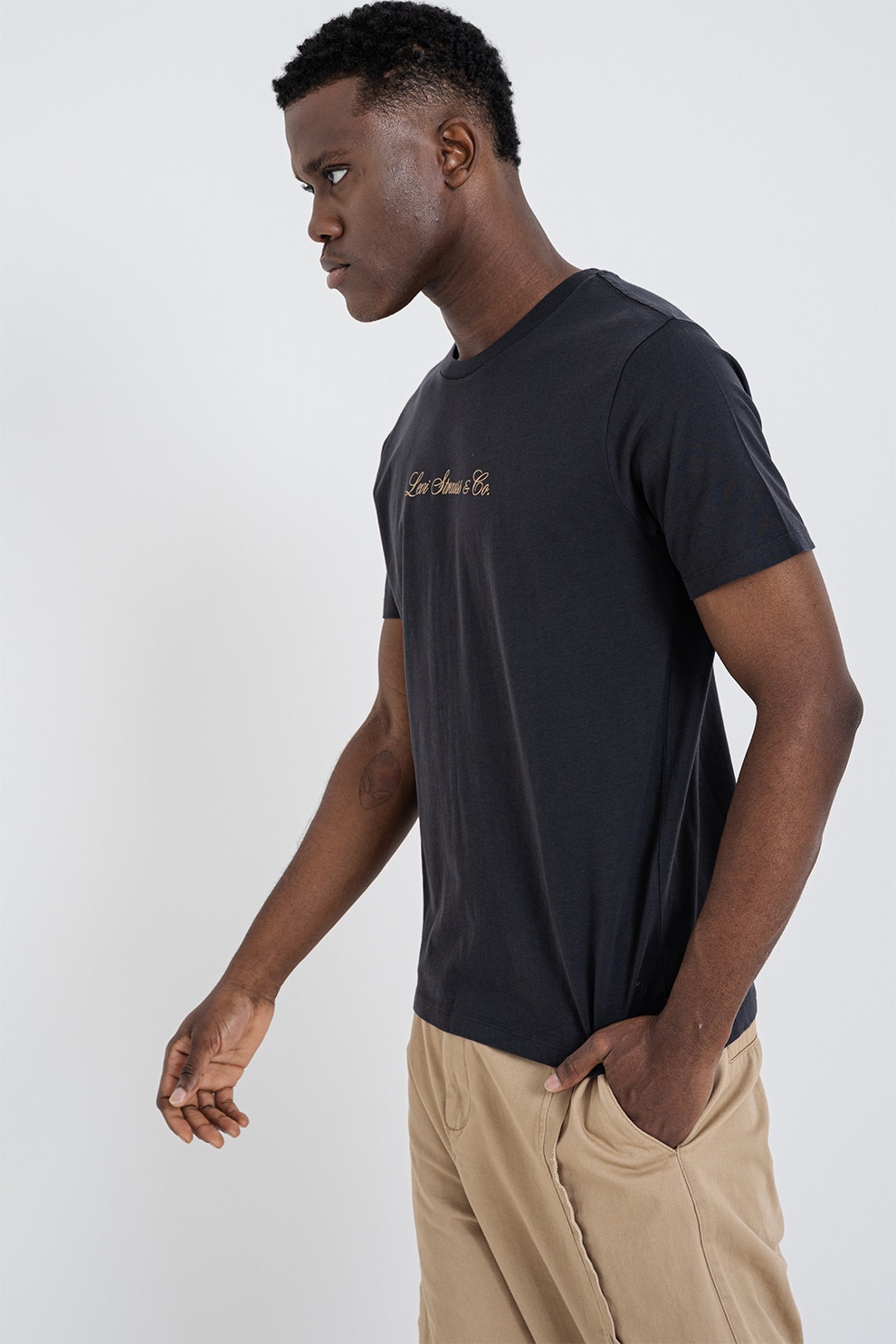 Levi's, Tricou din bumbac cu decolteu la baza gatului si logo, Bej, Negru stins, L