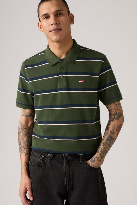 Levi's, Tricou polo in dungi Housemark, Verde padure/Alb murdar/Bleumarin
