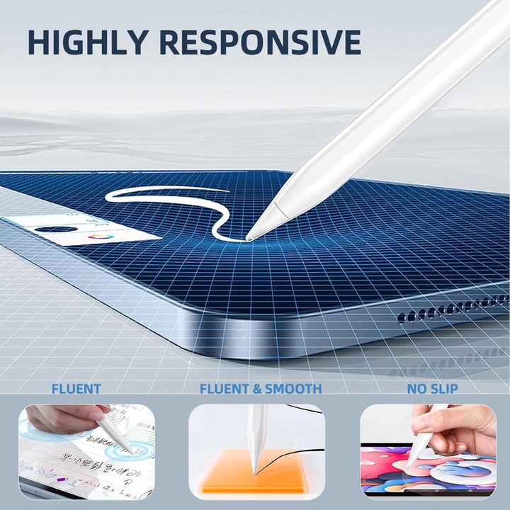 Stylus Pen iPad, Yulinland, pencil pentru tableta iPad Apple 2018-2025, Creion smart, Buton multifunctional, Incarcare wireless magnetica, Fara Lag, Afisaj Baterie, Penite anti-zgarieturi, Husa, Alb