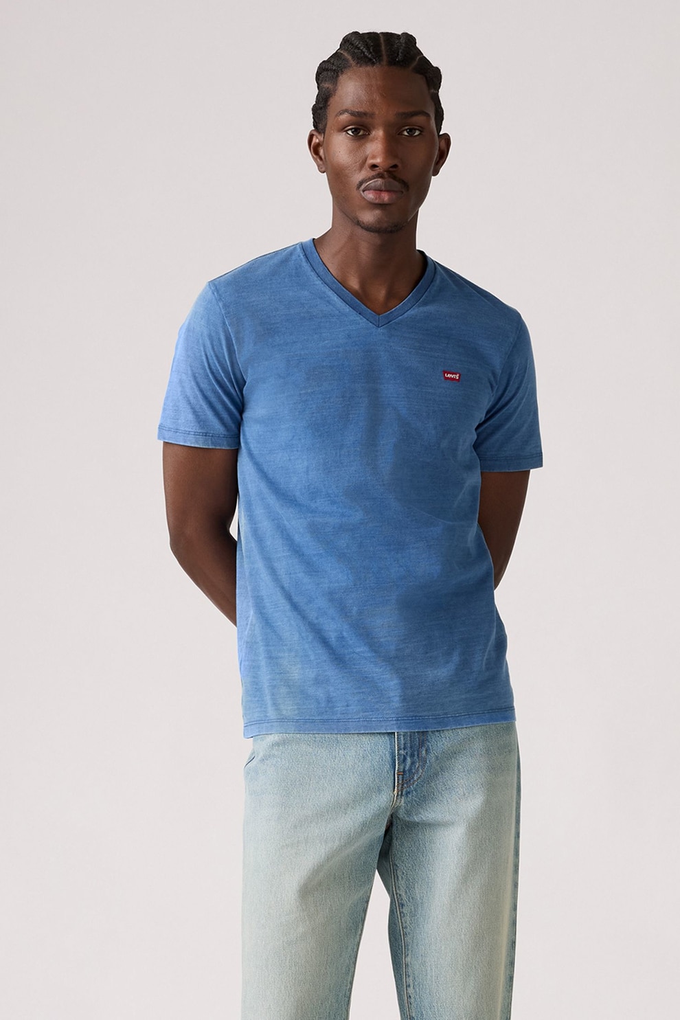 Levi's, Tricou de bumbac cu decolteu in V, Albastru inchis, M