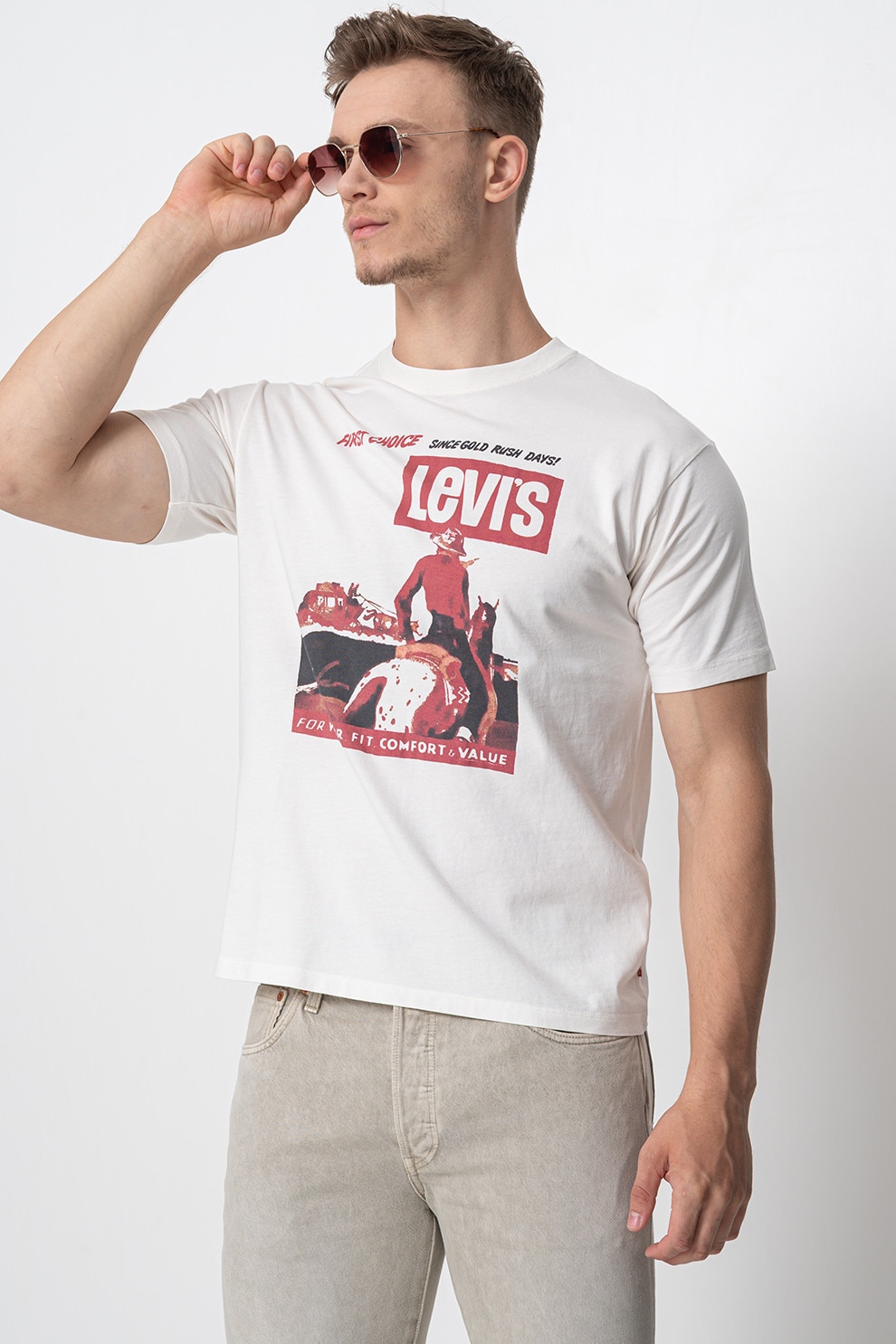 Levi's, Tricou de bumbac cu logo Vintage, Alb fildes, L