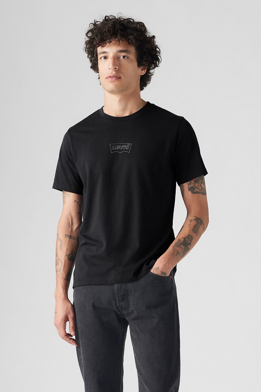 Levi's, Tricou cu imprimeu logo, Negru, Gri cenusiu, M