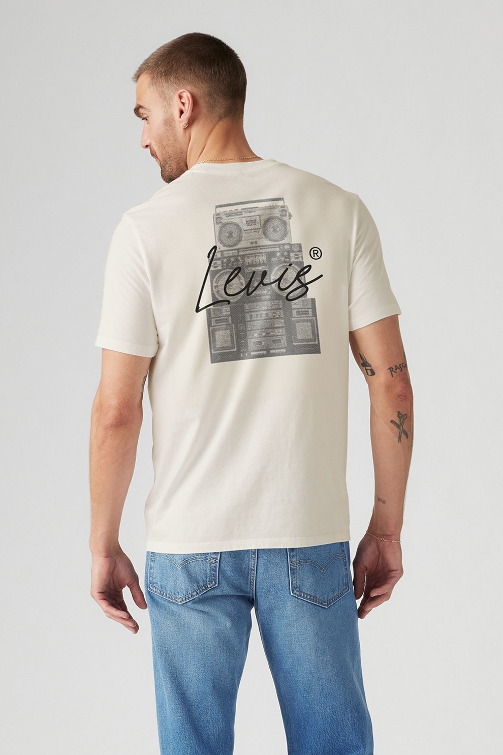 Levi's, Tricou cu imprimeu logo, Alb fildes, Gri, S