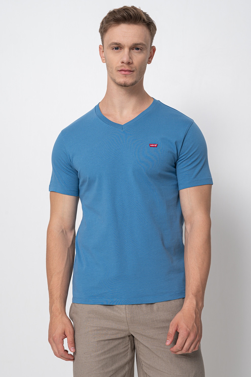 Levi's, Tricou de bumbac cu decolteu in V Housemark, Petrol, XL