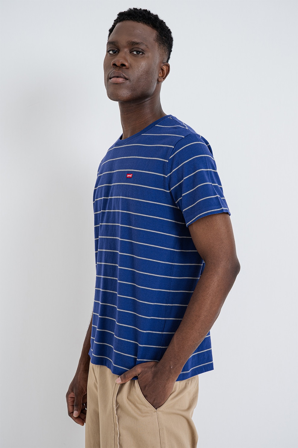 Levi's, Tricou de bumbac cu dungi Original Housemark, Alb, Albastru inchis, XL