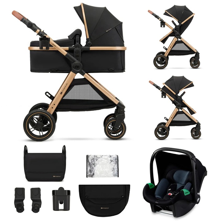 Многофункционална количка Kinderkraft Esme 3 в 1, PURE BLACK, с големи колела, вкл. столче за кола MINK PRO i-Size