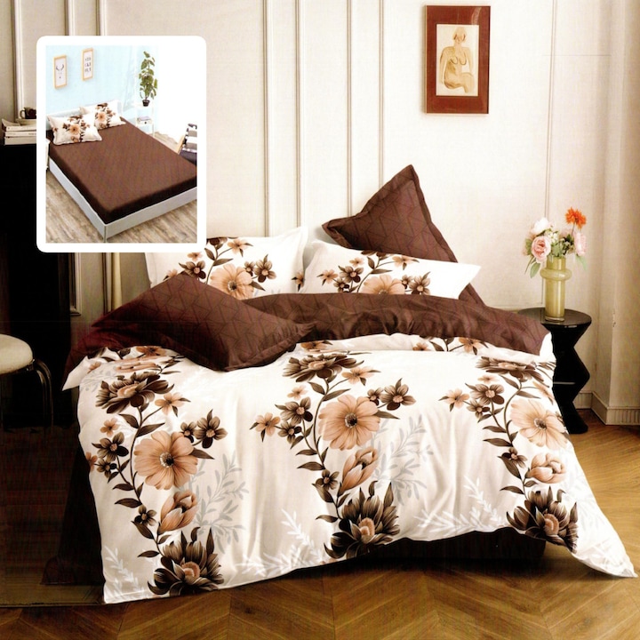Фино памучно спално бельо от 6 части с калъф за матрак 160x200 или 180x200 см, завивка 200x230 см, 2 калъфки за възглавници 50x70 и 70x70 см, кремаво/кафяво, сяра AMELIA VH