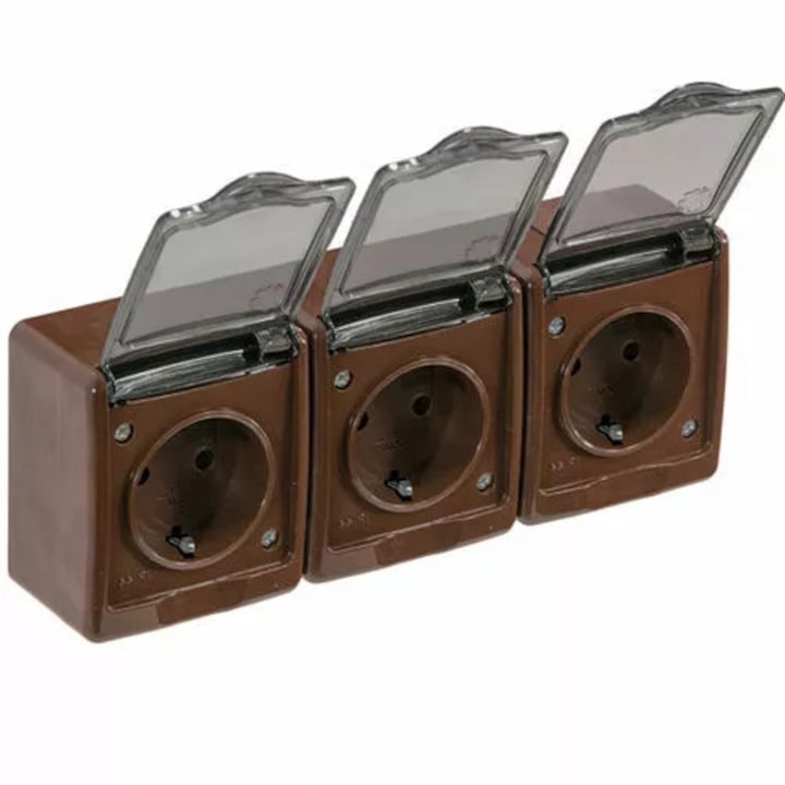 Priza Tripla 3xSchuko pentru Exterior IP44 cu Capac Transparent, 2P+E 16A, Montaj Aplicat, Maro, 195x75x48 mm, Pawbol