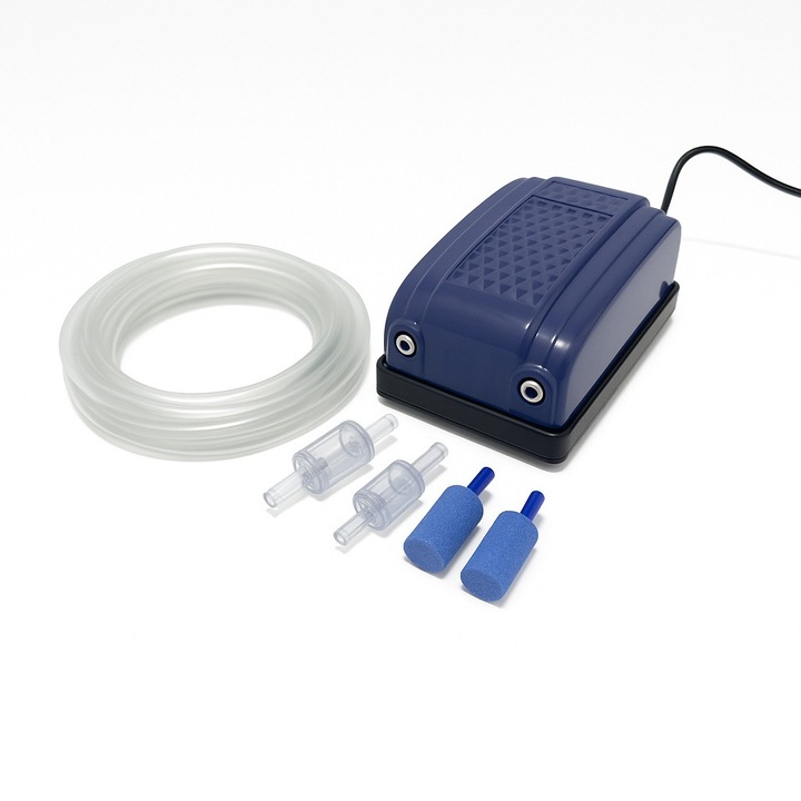 Set aerare acvariu cu pompa aer acvariu 2 iesiri, 3 metri furtun aer acvariu, 2 valve aer sens unic si 2 pietre aer acvariu, debit 2 X 4 l/min cu 2 trepte de viteza