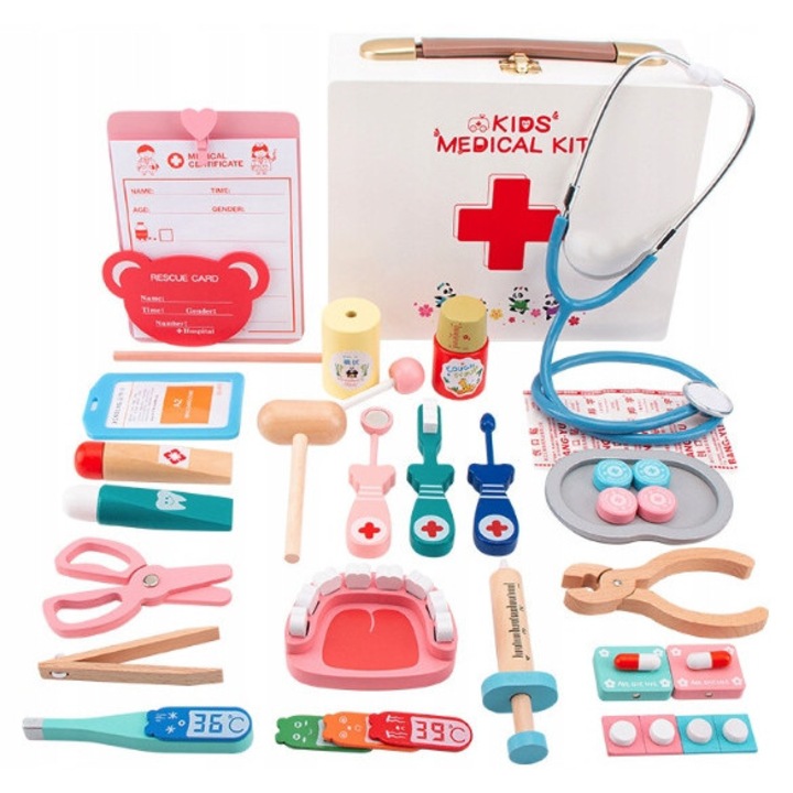 Set mic doctor, 3 ani, 11 accesorii, Lemn, Multicolor, seringa, foarfece, penseta, stetoscop metalic, termometru, tub cu capac desurubat, 2 cutii pentru capsule, 4 tablete imitatie, 5 plasturi, eticheta cu nume, carte de