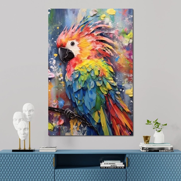 Премиум картина върху платно, LuxCanva® M1026, Тропическа дъга, 70 X 100 см, 100% памучно платно 400 г/м2, дървена рамка, Папагал, Екзотичен, Тропически, Дъга, Джунгла, Остров, Контраст, Ваканция, Офис, Хол, Детска стая