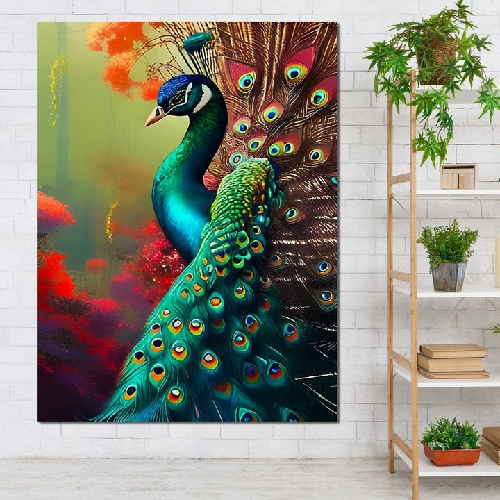 Премиум картина върху платно, LuxCanva® M1027, Екзотичен блясък, 45 X 60 см, 100% памучно платно 400 г/м2, дървена рамка, Паун, Птица, Опашка, Елегантна, Мистична, Благородна, Бохемска, Екзотична, Тропична, Офис, Хол, Детска стая