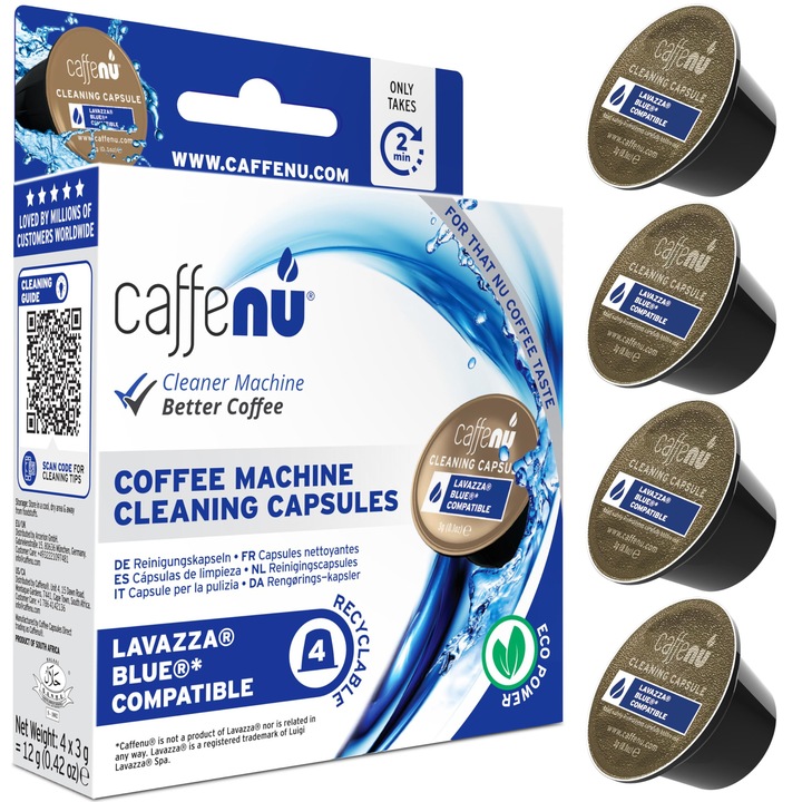 Caffenu, Почистващи капсули Lavazza Blue, Почистващ разтвор за кафе машини, За прясно кафе, Почистващи капсули за машини Lavazza Blue, Аксесоари за бариста, Може да се комбинира с комплекта за отстраняване на котлен камък