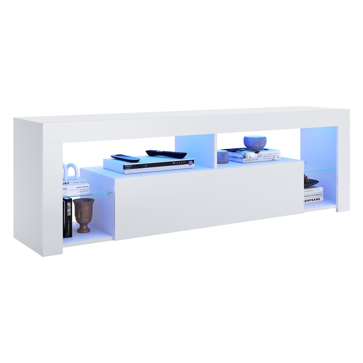 ТВ шкаф, с LED осветление, 12 RGB LED цвята, 1 врата, отваряща се надолу, рафт от закалено стъкло, бял, 160 x 35 x 50.5 см - SONNI