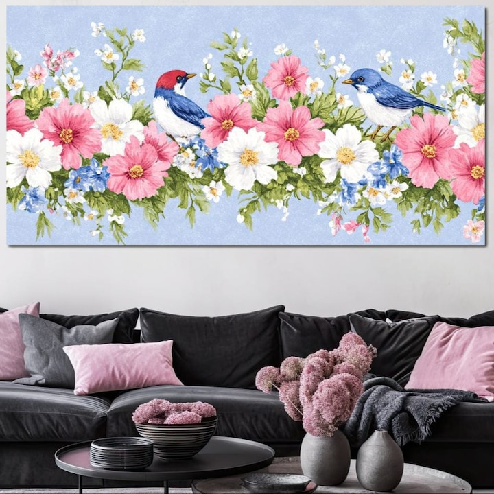 Tablou Canvas Premium, LuxCanva® M1029, Gradina cu Triluri Colorate, 50 X 100 CM, Panza Bumbac 100% 400g/m2, Sasiu Lemn, Flori, Pastel, Pasari, Primavara, Pereche, Relaxare, Poezie, Birou, Living, Camera Copii