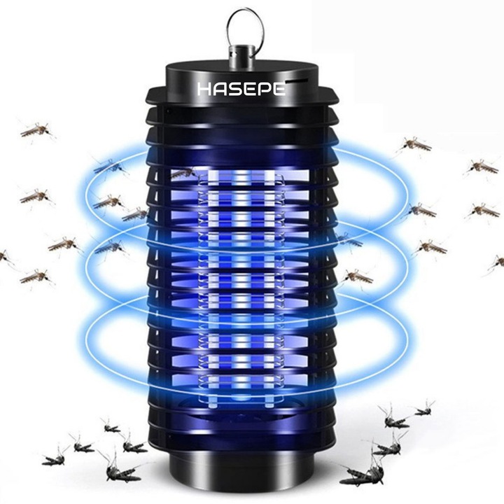 HASEPE UV лампа против насекоми, тип фенер, устройство против комари и мухи, безшумна, без химикали, синя светлина, за вътрешна и външна употреба, 6W 220V, черна