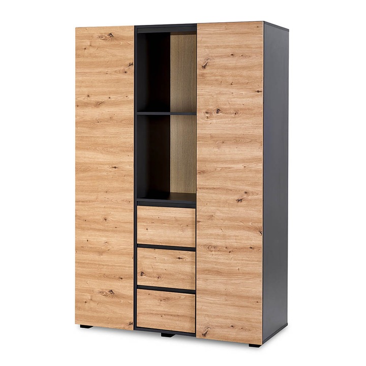 Dulap LITTLE Dalia 3-segmente, antracit-stejar, 5 polite, 2 umerase