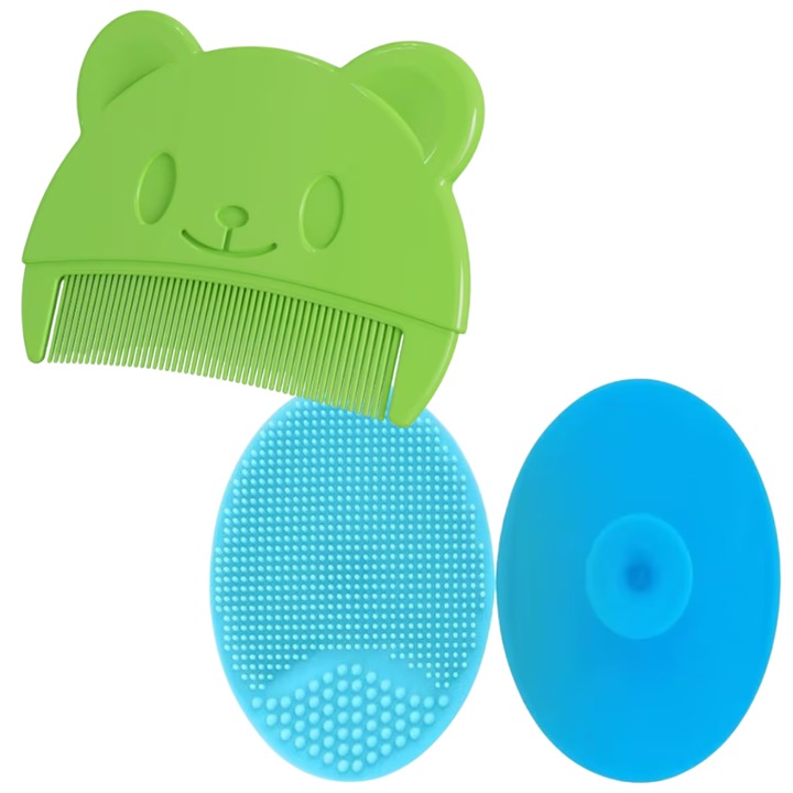 Set Perie De Baie Si Pieptan Bebelusi TrioStore®, Perie Si Pieptan Bebelusi Din Silicon Moale Pentru Indepartarea Crustelor De Lapte, Set Perie Si Pieptan Bebelusi Verde Albastru, Maner Ergonomic