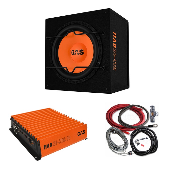 Pachet subwoofer auto GAS MAD B1-112 + Amplificator GAS MAD A1-500.1 + Kit alimentare, 500W, 4Ohm