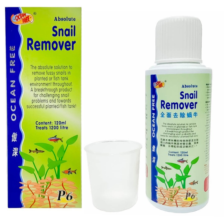Solutie anti melci acvariu Ocean Free Snail Remover, tratament lichid 120 ml, pentru invazie melci in acvariu, elimina oua si melci, tratament acvariu 1200L