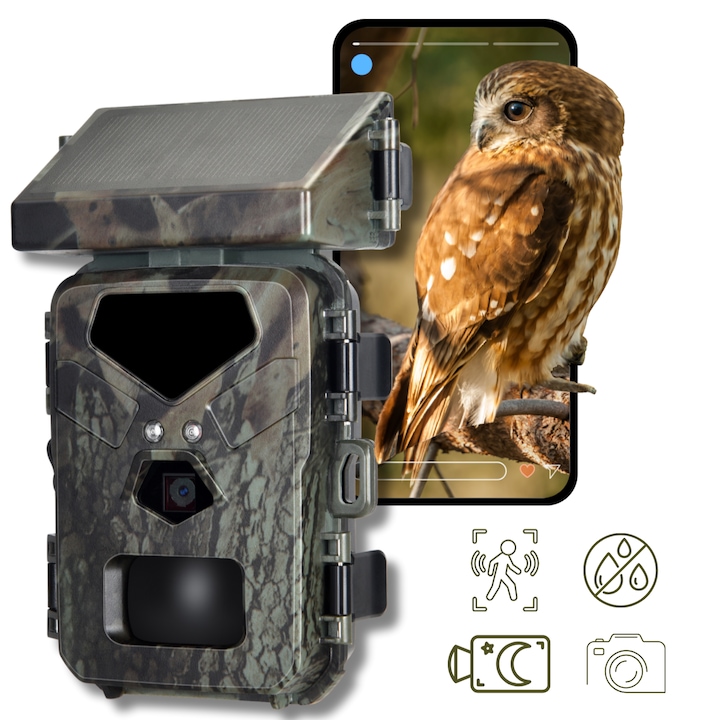Camera de Vanatoare cu Panou Solar 1080P KLASTEP, 24MP, Viziune Nocturna cu LED Infrarosu, IP65 Rezistenta la Apa, Senzor Miscare, Detectie 60°, Slot Stocare Card 32GB, Camera Supraveghere pentru Vanatoare, Observatie Fauna, Securitate, Camuflaj
