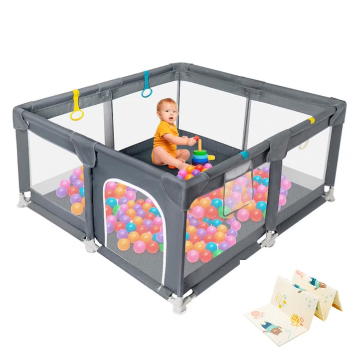 Tarc de Joaca Happyk 150x180x65 cm, Gri melange, Cadru Metalic, Plasa cu Fermoar, Covoras Dublu, Bile,4 Inele Ajutatoare