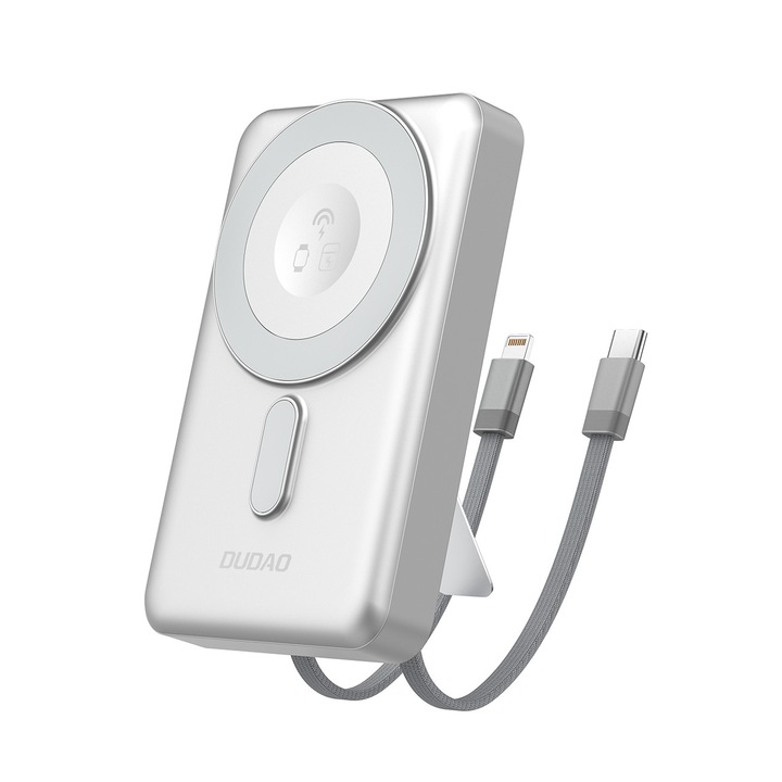 Baterie externa K29 10000mAh MagSafe cu carcasa metalica si suport, cabluri USB-C pentru iPhone, Lightning PD 20W - Argintiu DUDAO