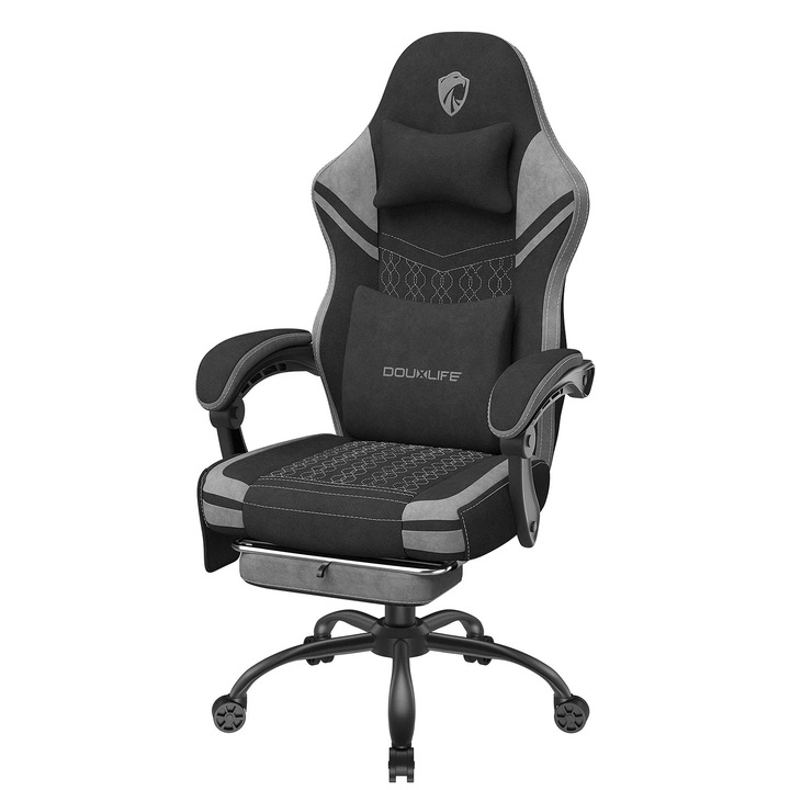 Ergonomikus gamer szék, masszázs funkcióval, fekete-szürke, 52x10cm, teherbírása akár 160 kg, deréktámasztó párnával és kihúzható lábtartóval
