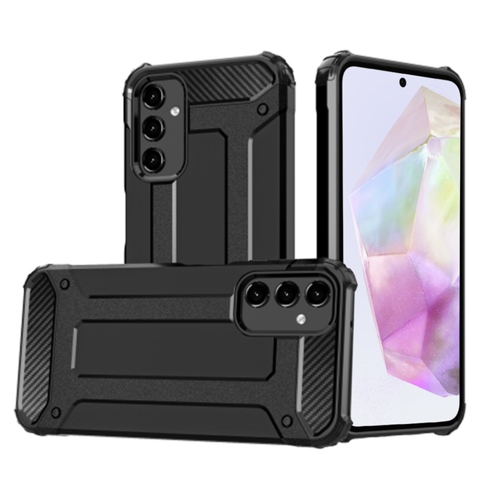 Husa pentru Samsung Galaxy A35 5G, SKYDDAR INNOVATION, Hybrid Armor, din Plastic Dur, Margini Cauciucate, Antisoc, Negru, set cu sticker