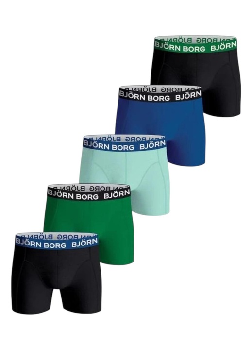 Set de 5 boxeri amestec bumbac/licra, cu banda logo in talie, negru, verde, mint, albastru, Multicolor
