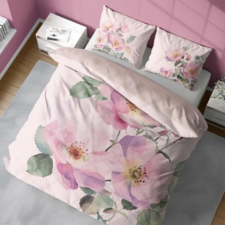 Lenjerie de pat set 3D, Detexpol, 160x200 cm, microfibra, flori pastelate, 2 perne 70x80 cm