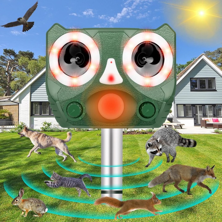 Соларен ултразвуков репелент за животни, репелент за птици, котки, елени, катерици, зайци, кучета, миещи мечки, скунксове, лисици, за двор, ферма и градина, 110-170°, 300 ㎡, 2000mA, 12 светодиода, водоустойчив IP 65