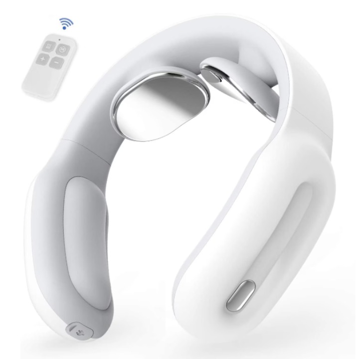 Масажор за шийни прешлени с електромагнитни импулси, с отопление, преносим, 3 режима на масаж, 15 нива на интензивност, USB, дистанционно управление, бял