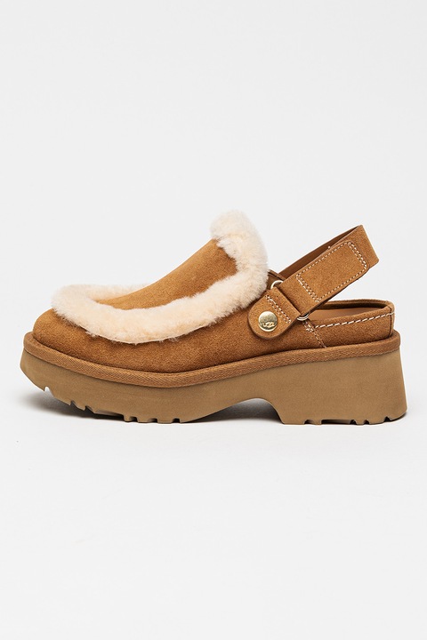 UGG, Esmee nyersbőr papucs szőrmés részletekkel, Tevebarna, 36