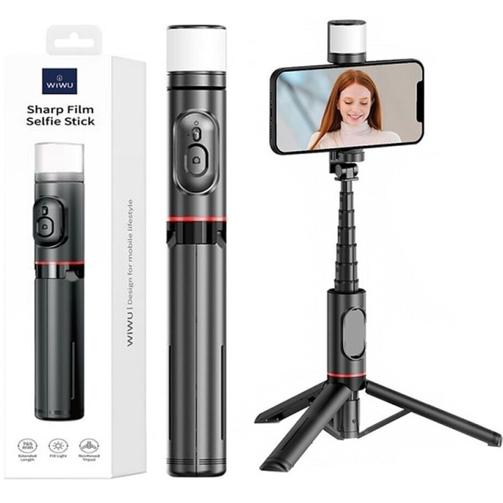 Selfie stick cu functie de stativ, XGSM, compact, cu pilot Bluetooth, negru