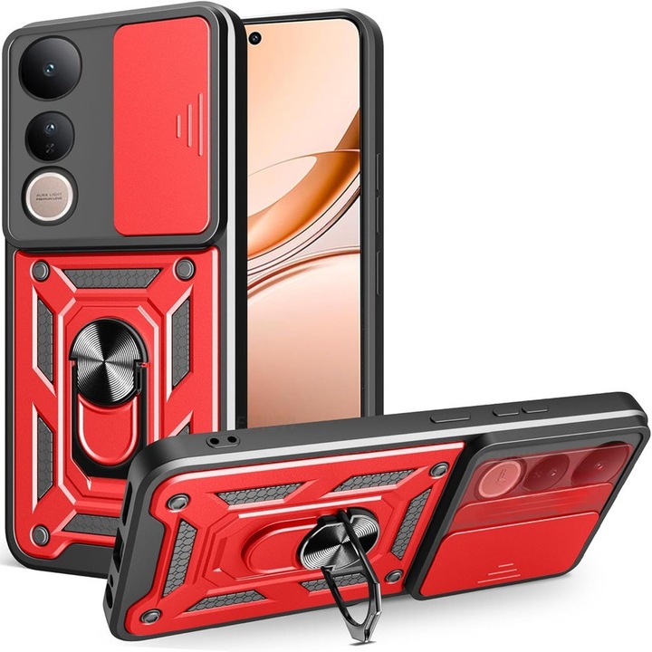 Etui pancerne XGSM pentru Vivo V50 Lite 4G / 5G, CamShield Slide, rosu, cu suport integrat si maner magnetic