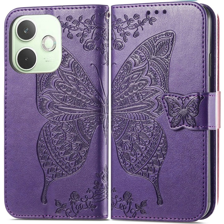 Husa telefon XGSM pentru Oppo A5 Pro 5G, Butterfly, violet, cu functie stand, din piele sintetica