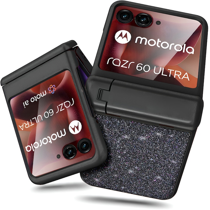 Husa Pentru Telefon, Xgsm, Motorola Razr 60 Ultra, Sticla, Suport Pliabil, Model Stralucitor Cu Sclipici, Realizata Cu Precizie Din Materiale Durabile, Negru