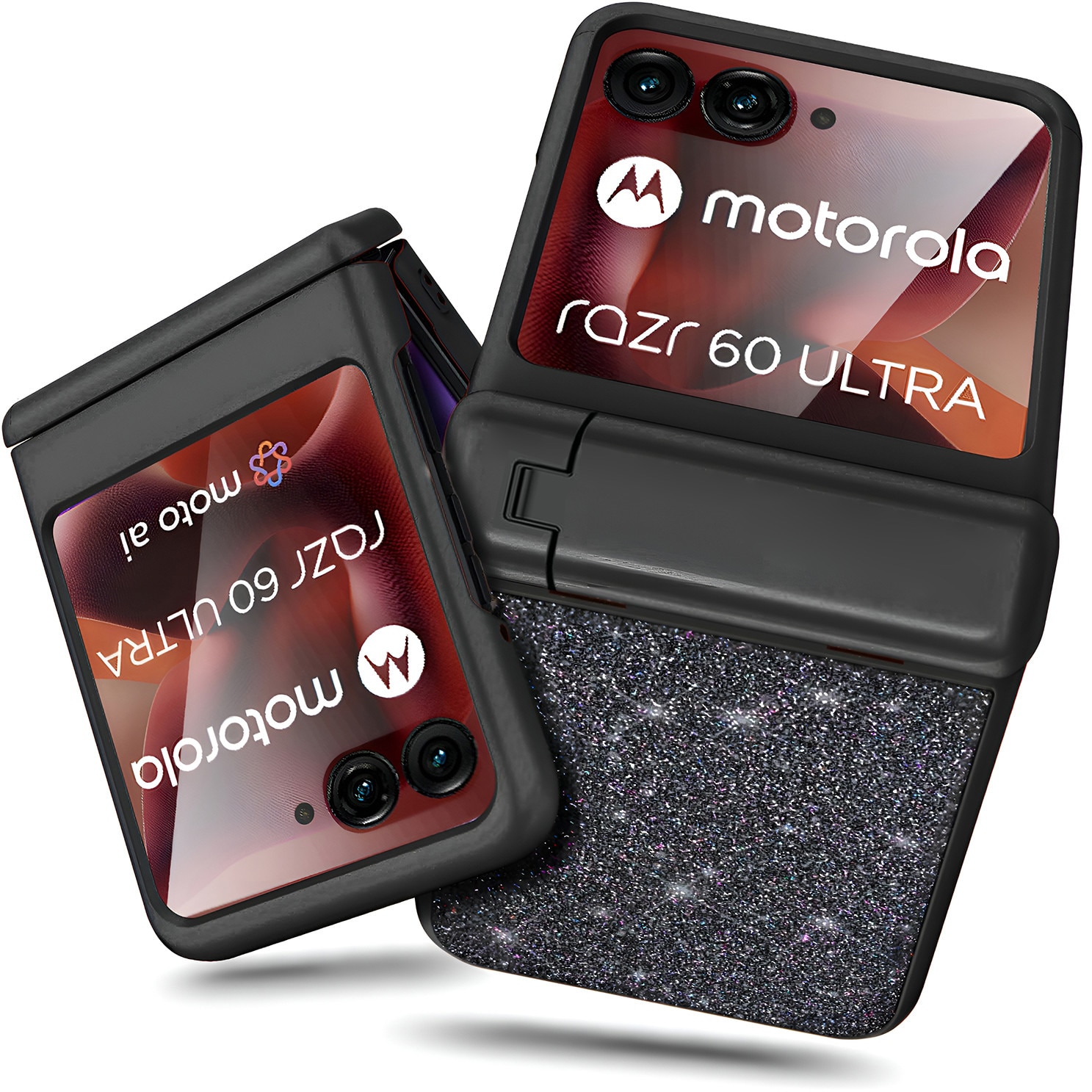 Husa Pentru Telefon, Xgsm, Motorola Razr 60 Ultra, Sticla, Suport Pliabil, Model Stralucitor Cu Sclipici, Realizata Cu Precizie Din Materiale Durabile, Negru