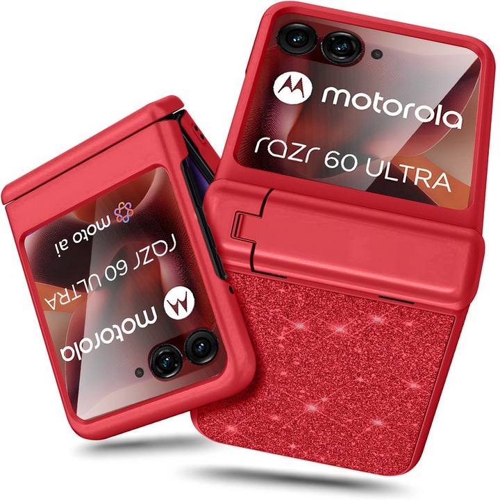 Etui pentru Motorola Razr 60 Ultra, Glitter PC Case, cu sticla si suport, rosu