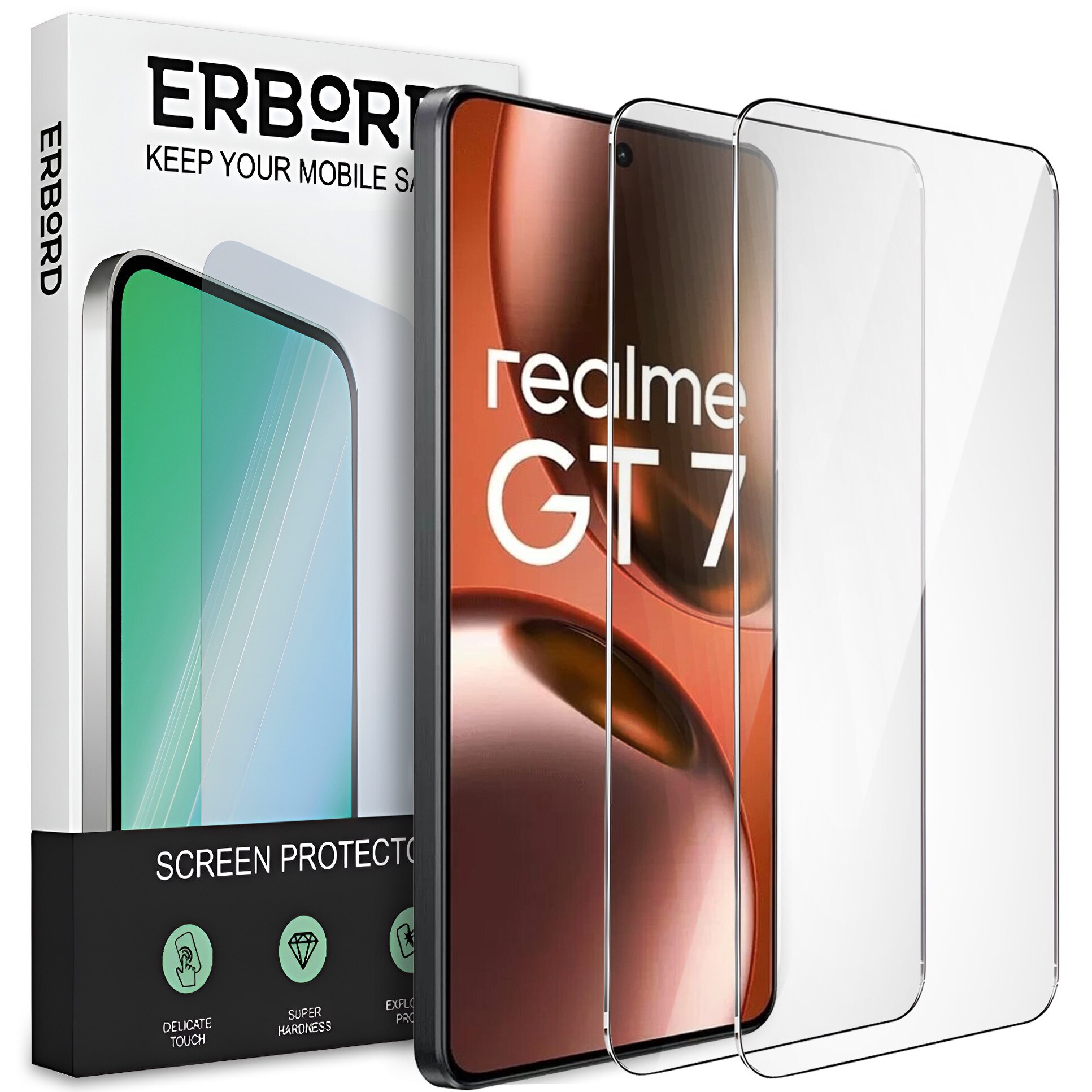 Set 2x Folii Protectie Ecran ERBORD 9H Hard Glass pentru Realme GT 7 / 7T, transparent, usor de montat