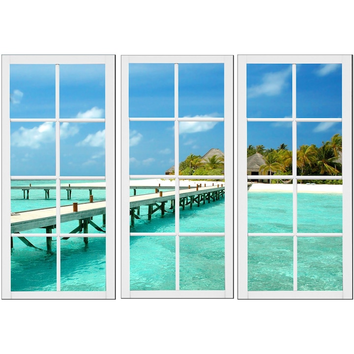 Картинa пано DualView Startonight Прозорец към водата, 3 части, светлина в тъмнотo, 80 x 120 см