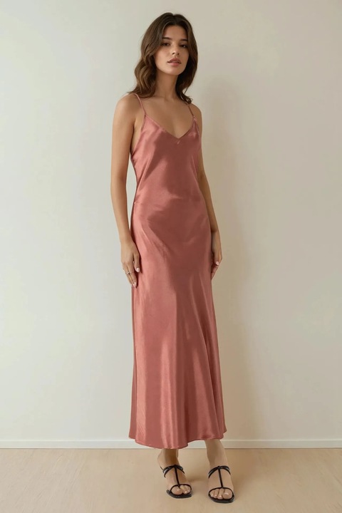 Rochie maxi, HiCCUP, decolteu in V, design elegant, roz, satin