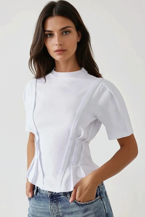 Tricou dama HiCCUP, jerseu, decolteu rotund, alb