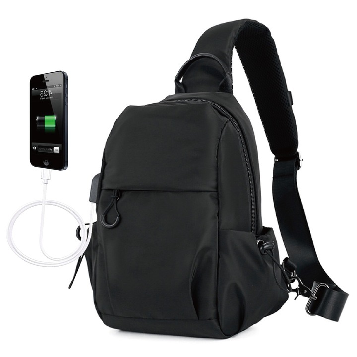 Férfi táska USB porttal és nedvességállósággal, gyorstöltés, nagy kapacitás, ultra tartós anyag, prémium csatok, kényelmes és könnyen karbantartható, ideális mindennapi/üzleti/sport/utazási használatra + tökéletes ajándék, poliészter, fekete