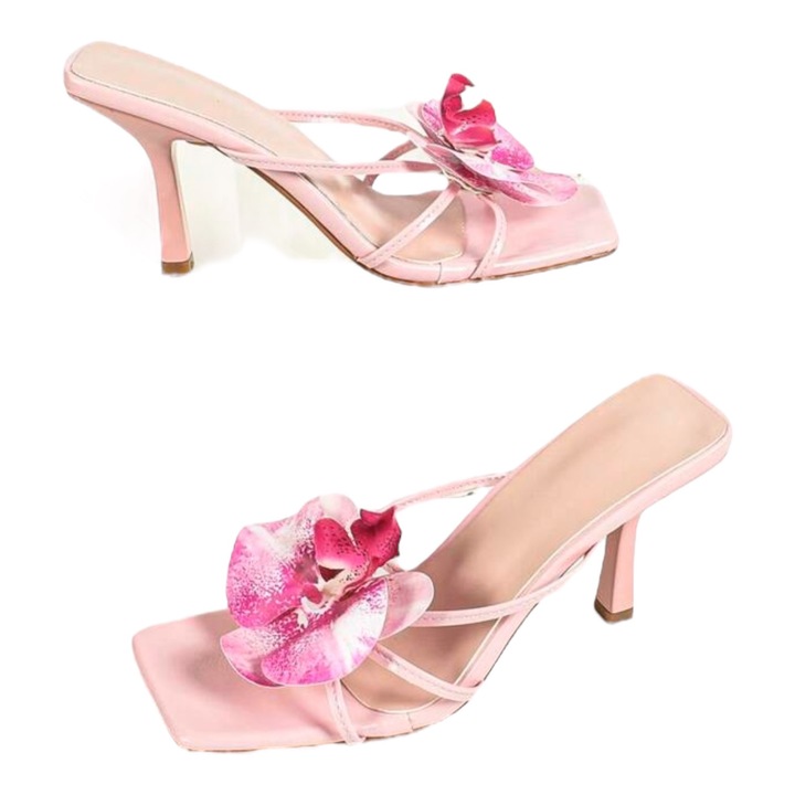 Papuci dama, roze, cu bretele subtiri, cu floare, toc 8cm, 40EU