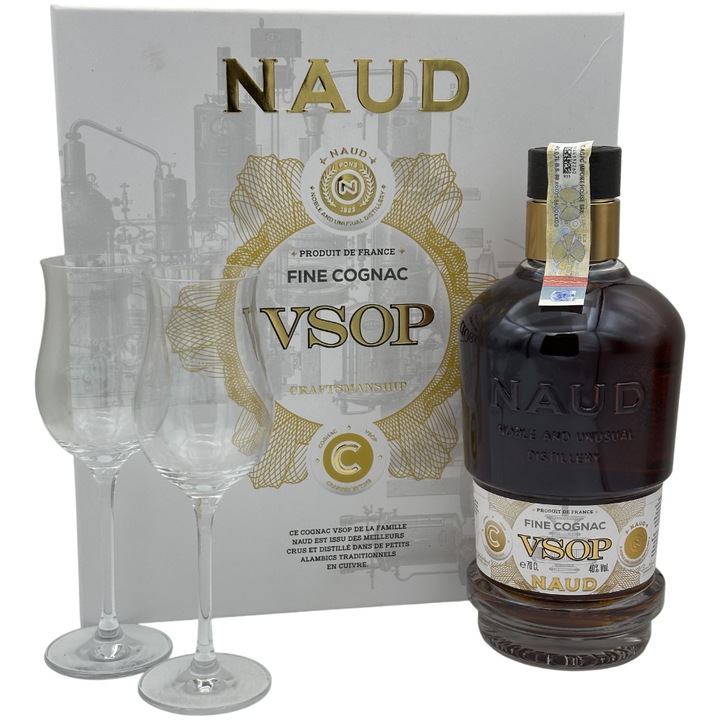 Coniac Naud VSOP, cu 2 pahare, 40%, 0.7l