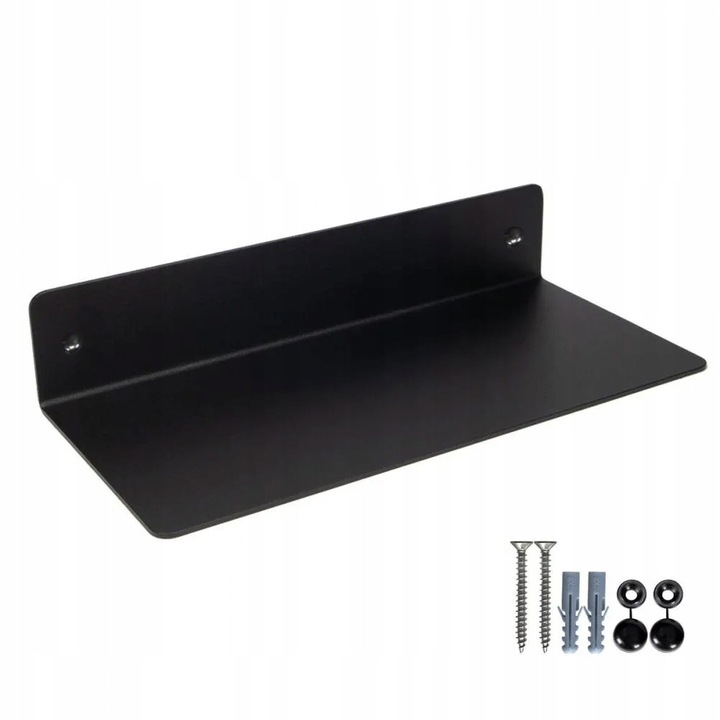 Set Raft Metalic, Dulap, Material: Metal, Greutate: 0, 7 Kg, Grosime: 2 mm, Instalare Usoara, 25 x 5 x 11, 5 cm, Negru, 1 x Raft, 2 x Dibluri, 2 x Suruburi, 2 x Capace