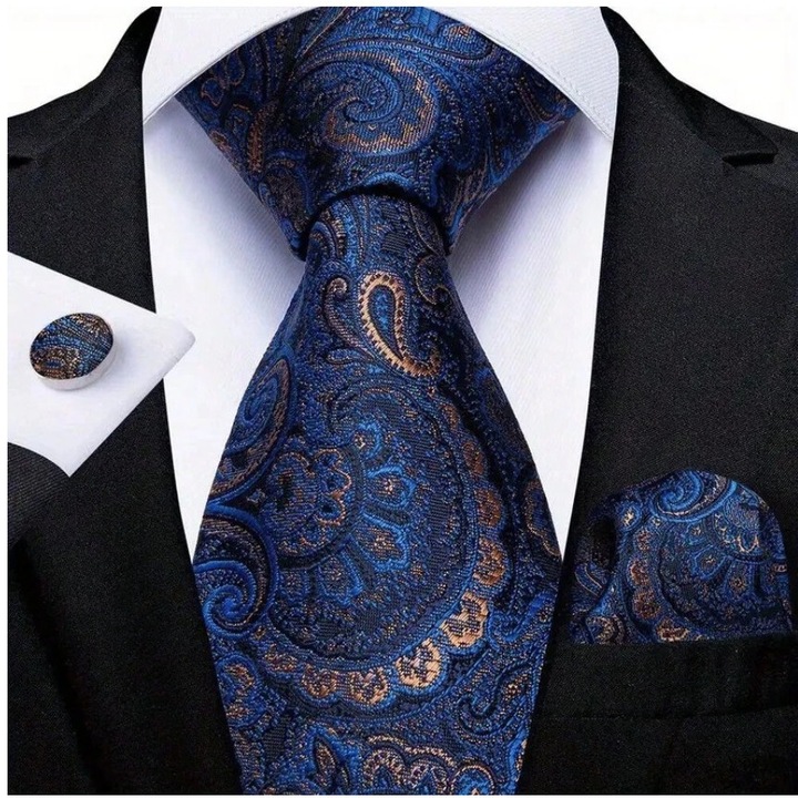 Set pentru barbati clasic, material satinat, include cravata, batista si butoni, culoarea albastru inchis cu insertii aurii, theCasius.®